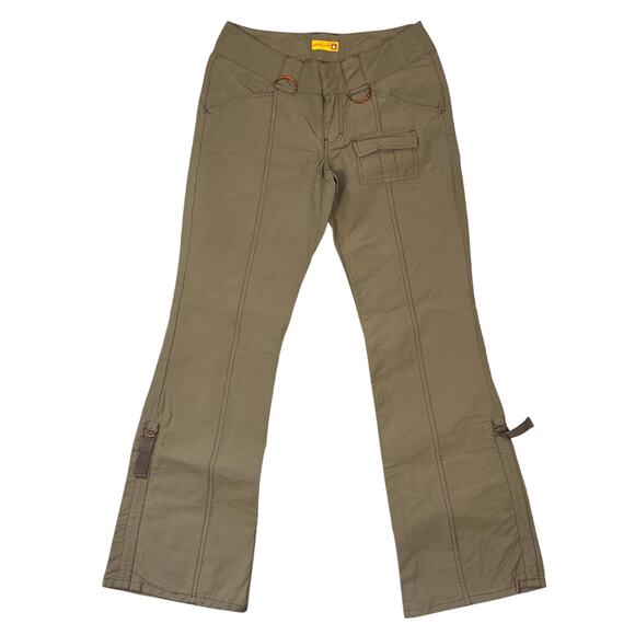 Y2K Gasoline Low-Rise Cargo Pants Flare Leg Wide Bell Bottoms Size11 Green Brown - Picture 1 of 8